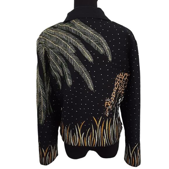Vintage 80s Beaded Jacket Giraffe Embellished Safari 100% Cotton Button Front M - Picture 3 of 11